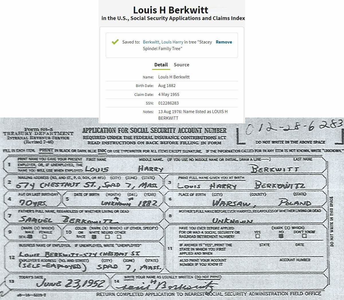 Louis H Berkwitt index for ordering the SS-5, and SS-5 form for Louis Harry Berkwitt, showing Samuel Berkowitz as father, an unknown mother, with birthplace Warsaw

