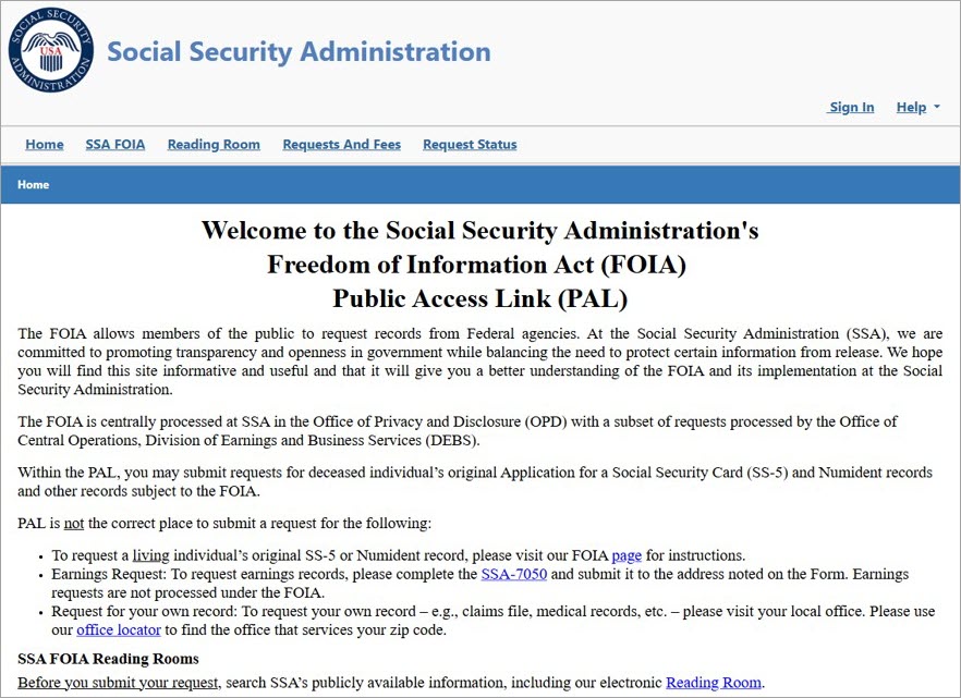 SSA welcome page