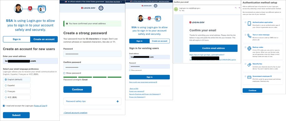 Screenshots of the account creation process