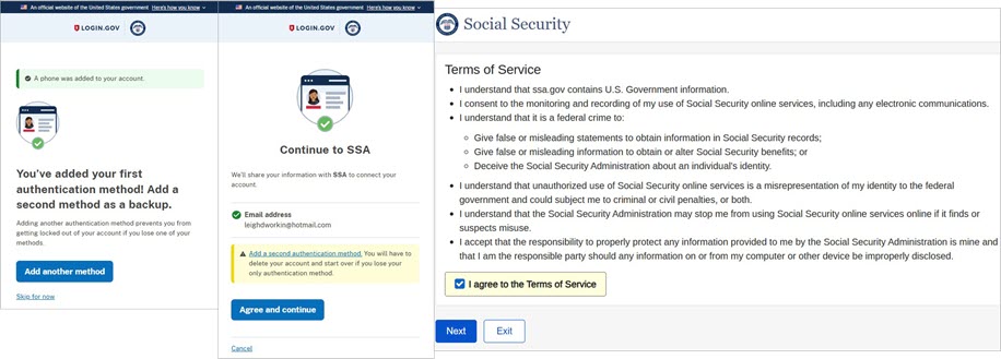 Screenshots of SSA authentication