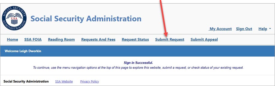 Screenshot of submit request menu item