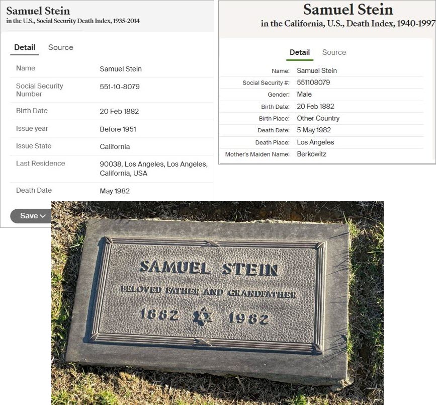 Ancestry California Death index results screenshots, plus picture of gravestone