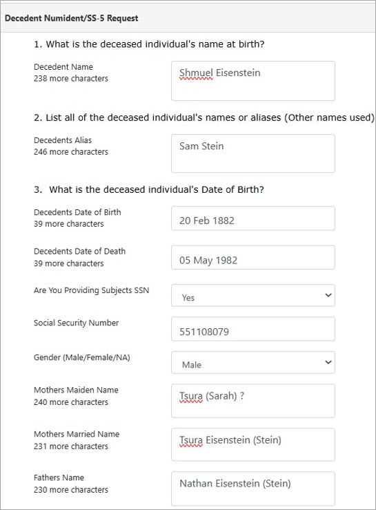 Screenshot of Decendent/NumIdent Request