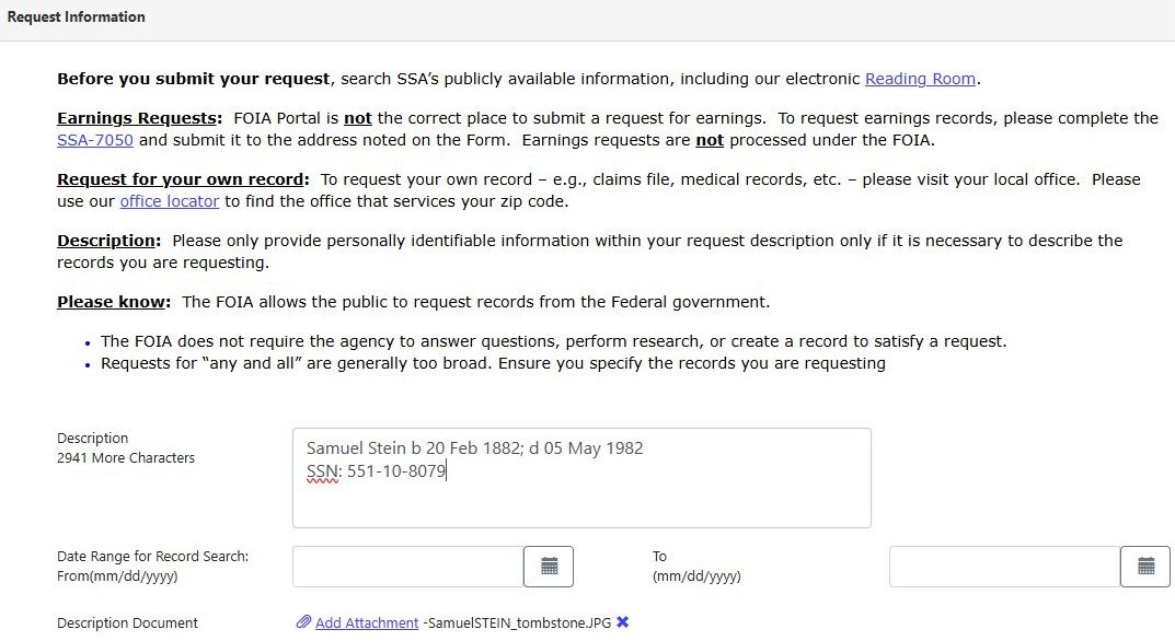 Screenshot of entering supporting documents