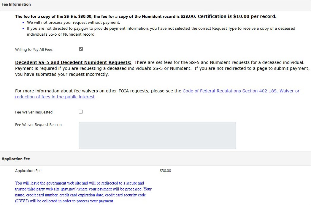 Screenshot - fee selection