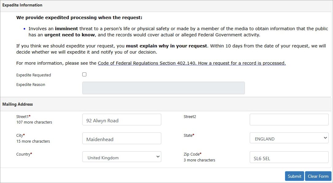 Screenshot - mailing information