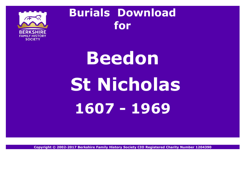Beedon St Nicholas Burials 1607-1969 Download D1026