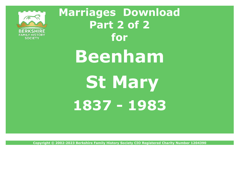 Beenham St Mary Marriages 1837-1983 Download D1863 Part 2 of 2