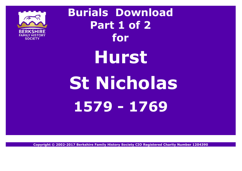 Hurst St Nicholas Burials 1579-1769 Download D1286 Part 1 of 2