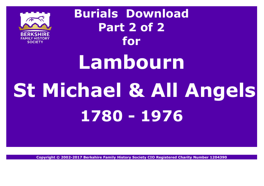 Lambourn St Michael & All Angels Burials 1780-1976 Download D1291 Part 2 of 2