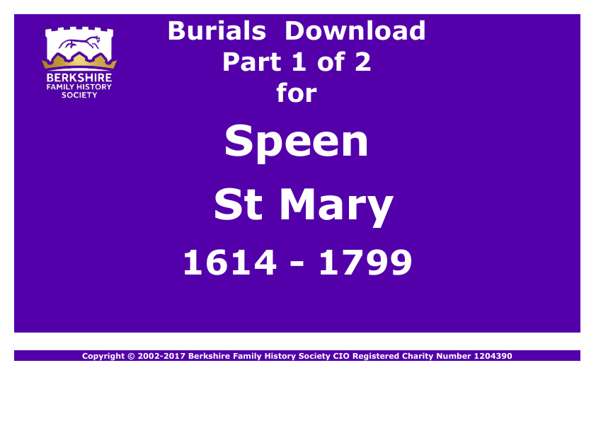 Speen St Mary Burials 1614-1799 Download D1341 Part 1 of 2