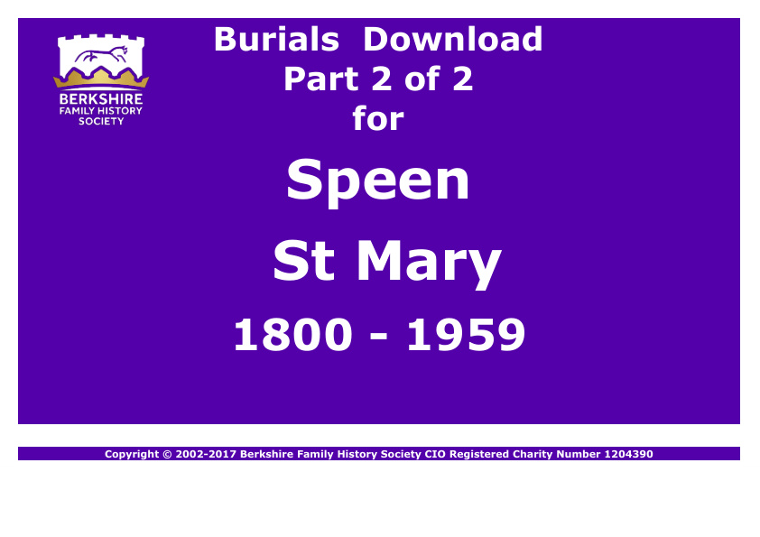 Speen St Mary Burials 1800-1959 Download D1342 Part 2 of 2