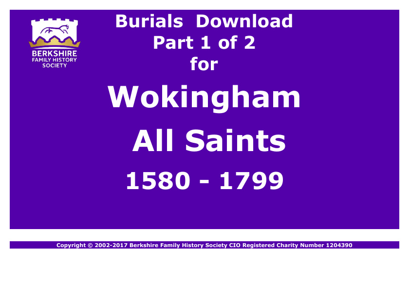 Wokingham All Saints Burials 1580-1799 Download D1355 Part 1 of 2